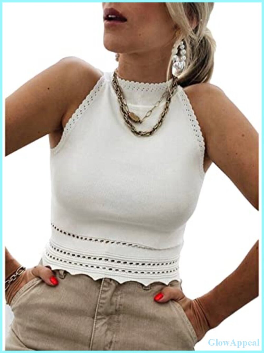 Ribbed Knit High Neck Sleeveless Scalloped Hem Crop Tank Top